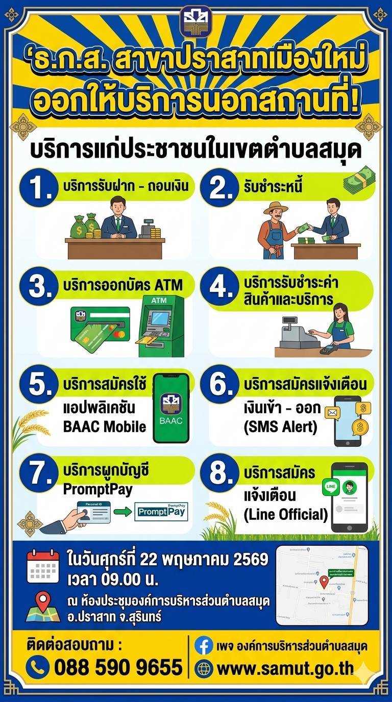 ประชาสัมพันธ์ธนาคารเพื่อการเกษตรและสหกรณ์การเกษตร (ธ.ก.ส.) ออกให้บริการนอกสถานที่แก่ประชาชนในเขตตำบลสมุด